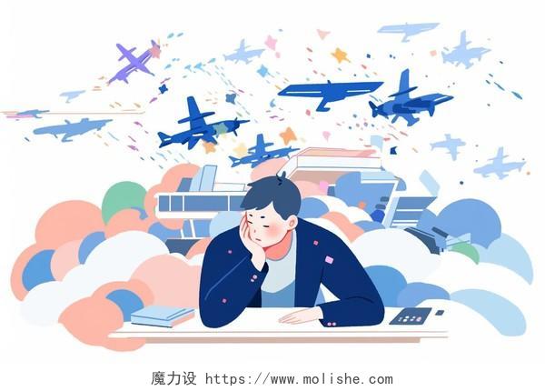 一个男人在幻想飞机战争卡通AI插画